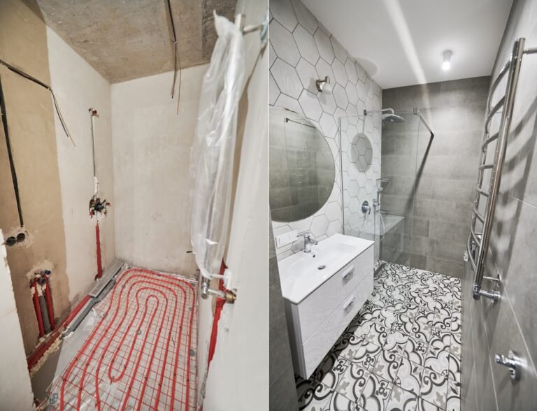 bathroom with heated floor before and after renovation